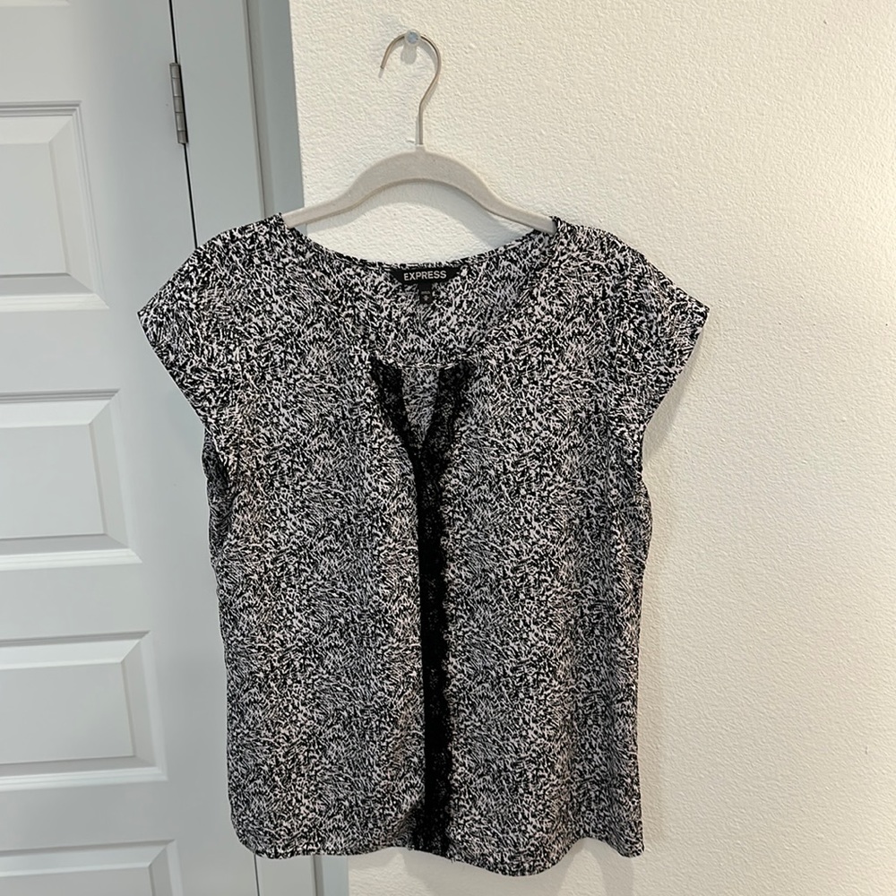 Express Short Sleeve Blouse with Lace Trim